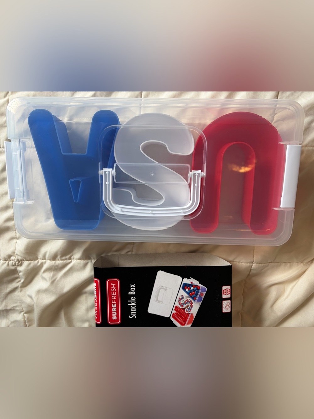 Snackle Box with Red, White & Blue Letter Molds